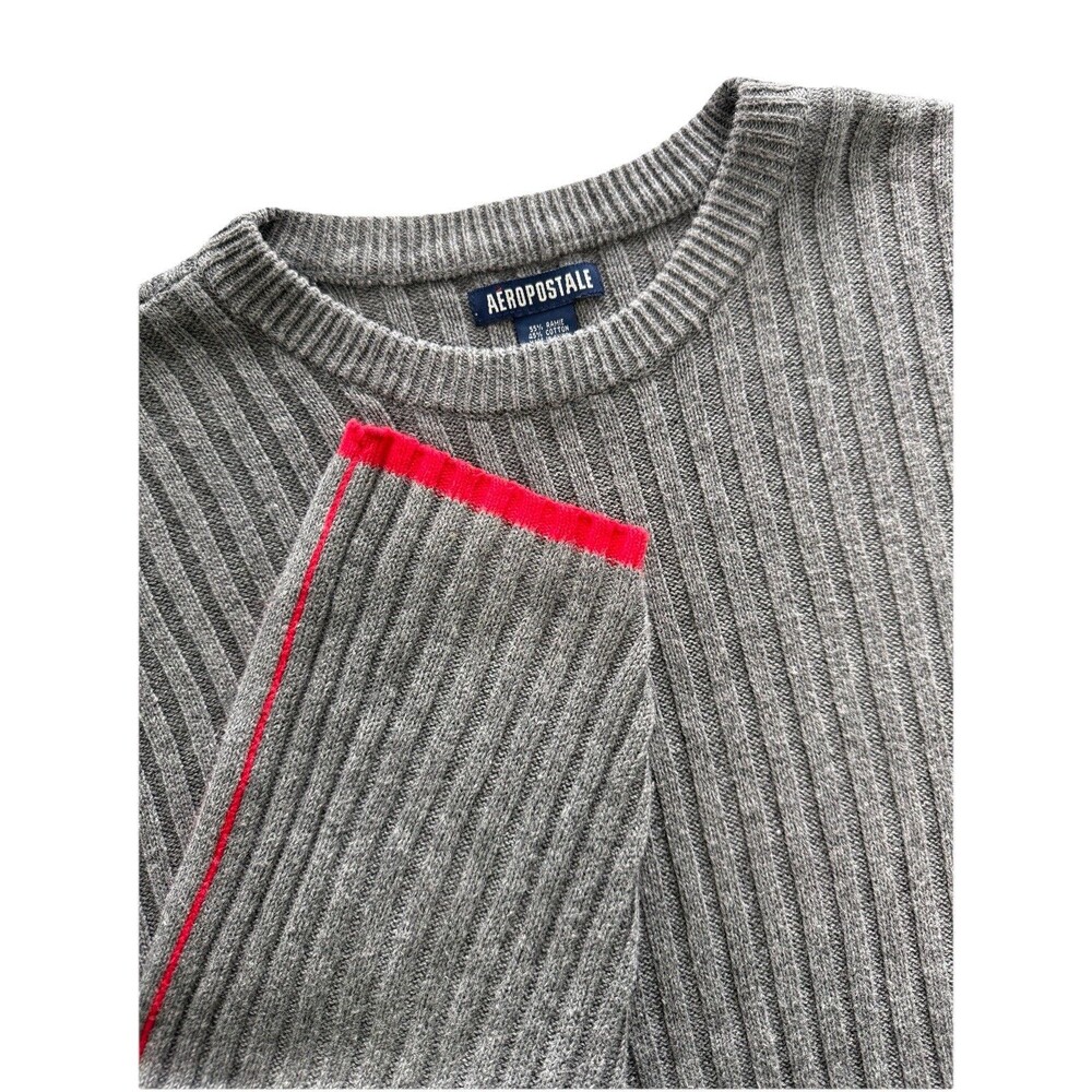 Aeropostale Men’s Y2K Gray Ribbed‎ Knit Sweater Crewneck Red Trim Preppy Sz Lg